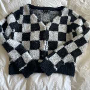 Black and white fuzzy checkered cardigan